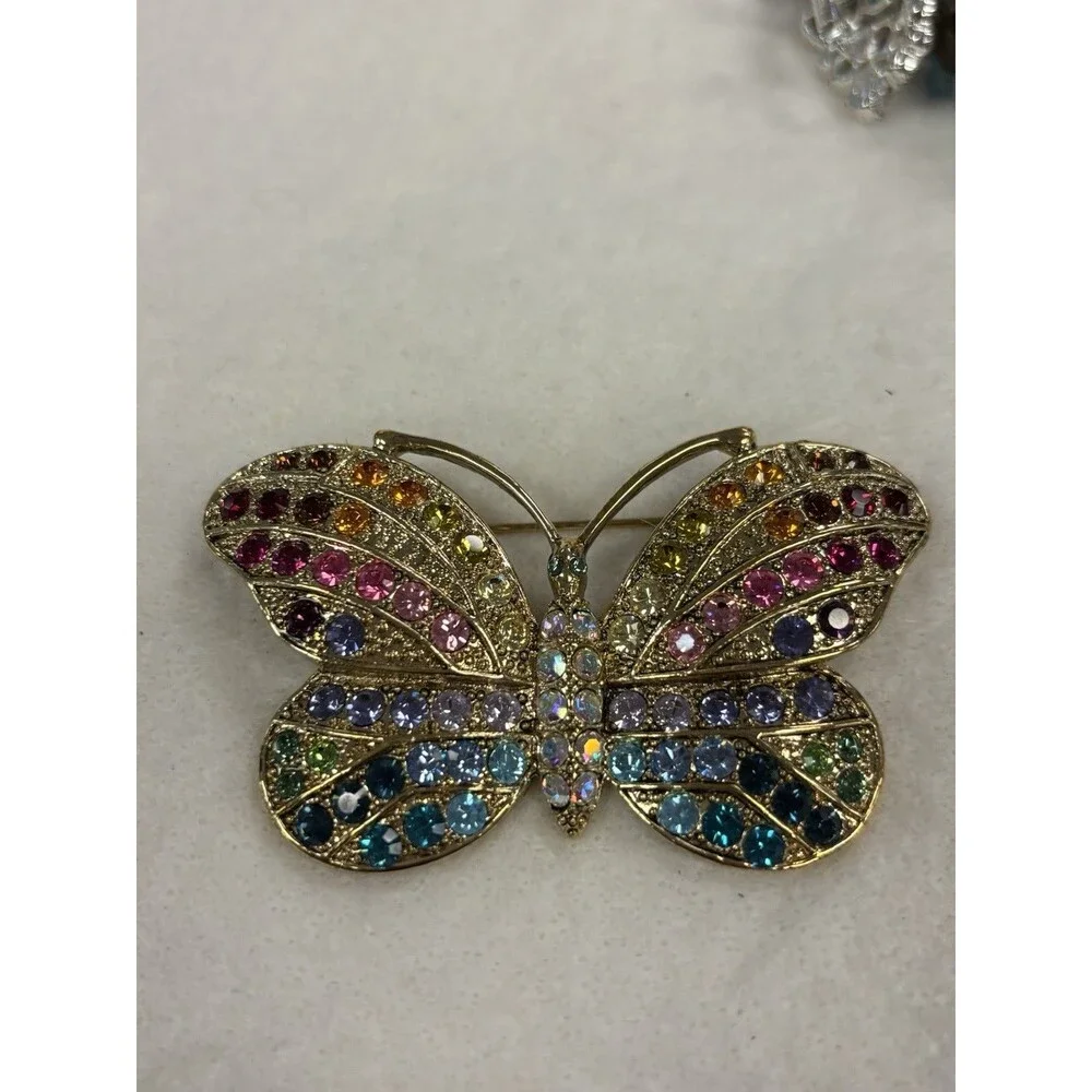 Kirk’s Folly Rainbow Butterfly Brooch Pin AB Rhinestones Gold Tone Large